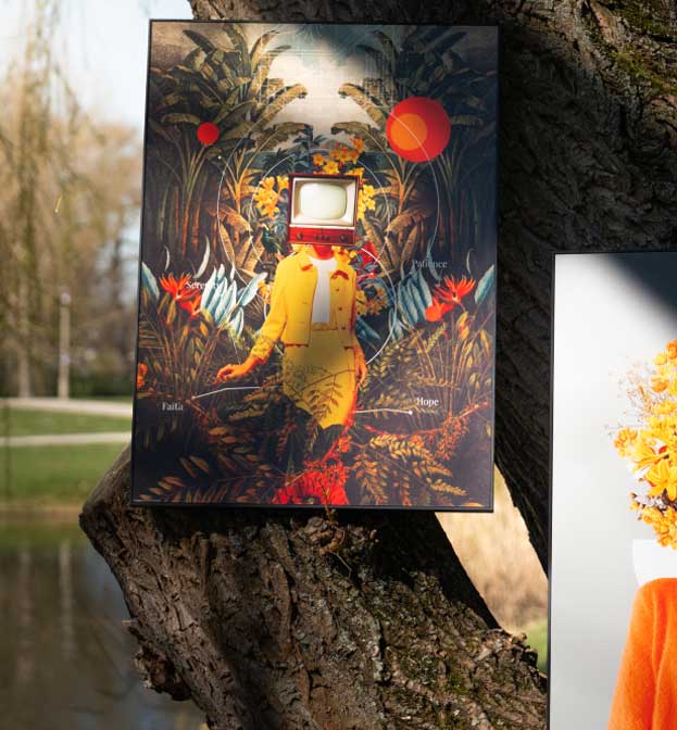 Dwa surrealistyczne obrazy zawieszone na drzewie w parku – po lewej postać z telewizorem zamiast głowy w tropikalnym otoczeniu, po prawej portret z żółtymi kwiatami zamiast twarzy